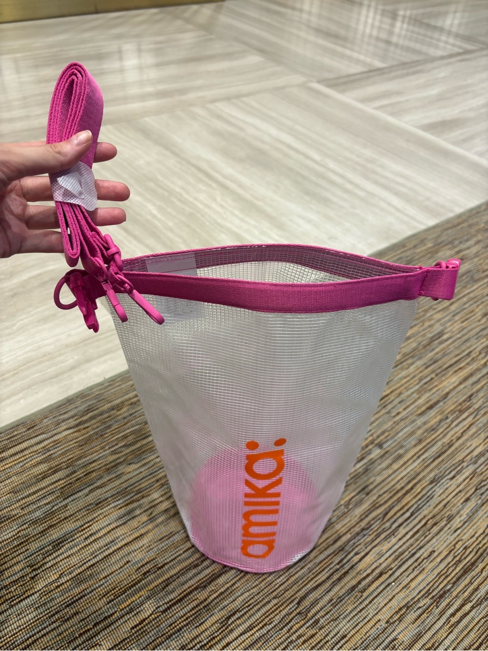 AMIKA oversized Pink Trim White Mesh Tool Tote with Orange Logo